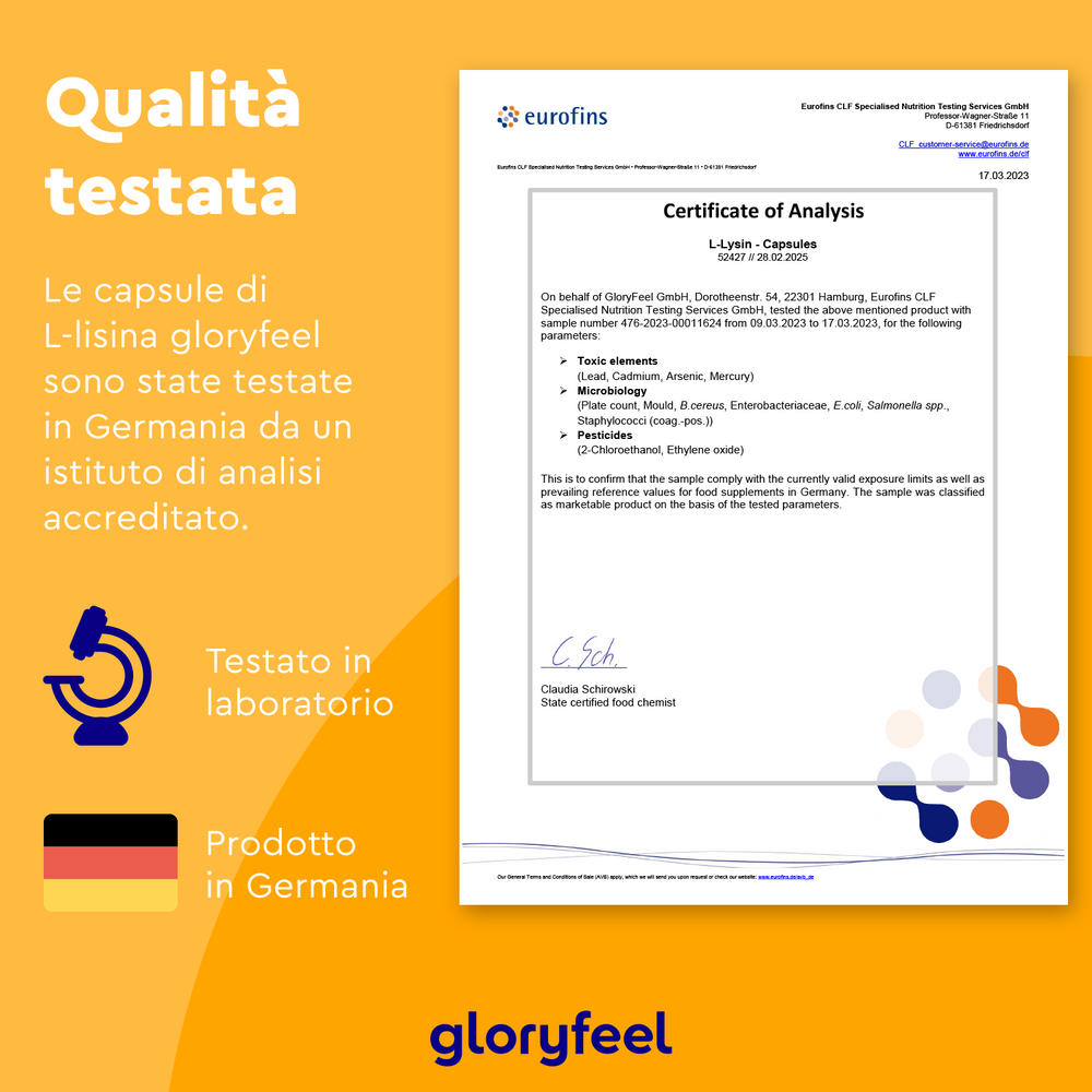 Certificato di analisi per capsule di L-Lisina + zinco di GloryFeel GmbH Italia, con testo in italiano e icone che sottolineano i test di laboratorio, la produzione tedesca e i benefici per il sistema immunitario.