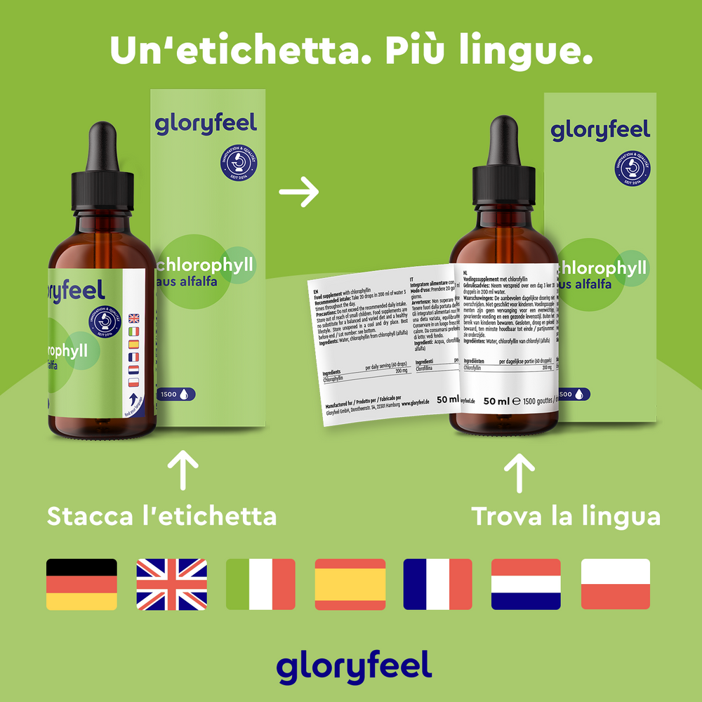Esplora Clorofilla in gocce di GloryFeel GmbH Italia, che presenta istruzioni in etichetta multilingue. La scatola e la bottiglia mostrano le opzioni di lingua, garantendo l&