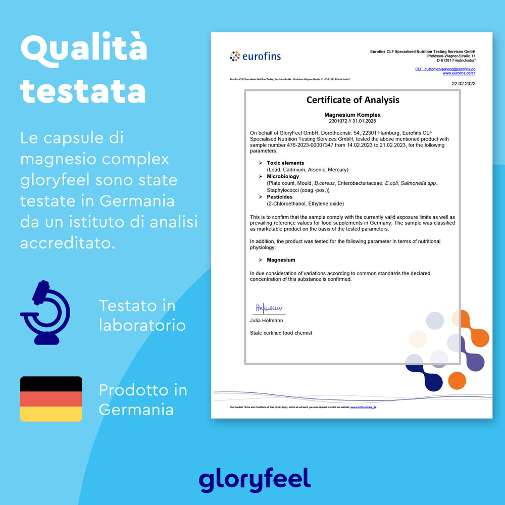 Il Certificato di analisi per le capsule Magnesio Complex di gloryfeel Italia presenta testo in italiano su rigorosi test condotti in Germania. Su uno sfondo blu con icone di certificazione e il logo &quot;gloryfeel&quot;, mostra una precisione di design ispirata agli elementi HTML.