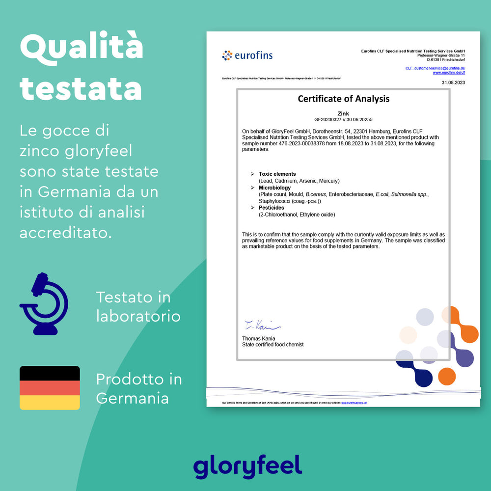 Il Certificato di analisi italiano di Eurofins conferma che il test di caduta dello zinco per &quot;Zinco in gocce&quot; di GloryFeel GmbH Italia è stato eseguito in un laboratorio tedesco. La qualità e la sede di test sono sottolineate, evidenziandone l&
