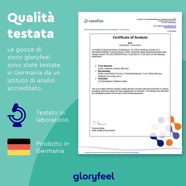 Il Certificato di analisi italiano di Eurofins conferma che il test di caduta dello zinco per &quot;Zinco in gocce&quot; di GloryFeel GmbH Italia è stato eseguito in un laboratorio tedesco. La qualità e la sede di test sono sottolineate, evidenziandone l&