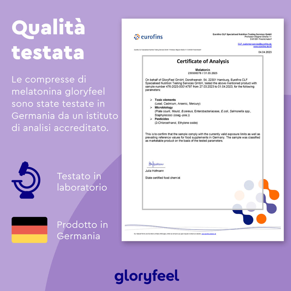 Certificato di analisi per la Melatonina in compresse di GloryFeel GmbH Italy, testata in Germania. Include icone di test di laboratorio e un&