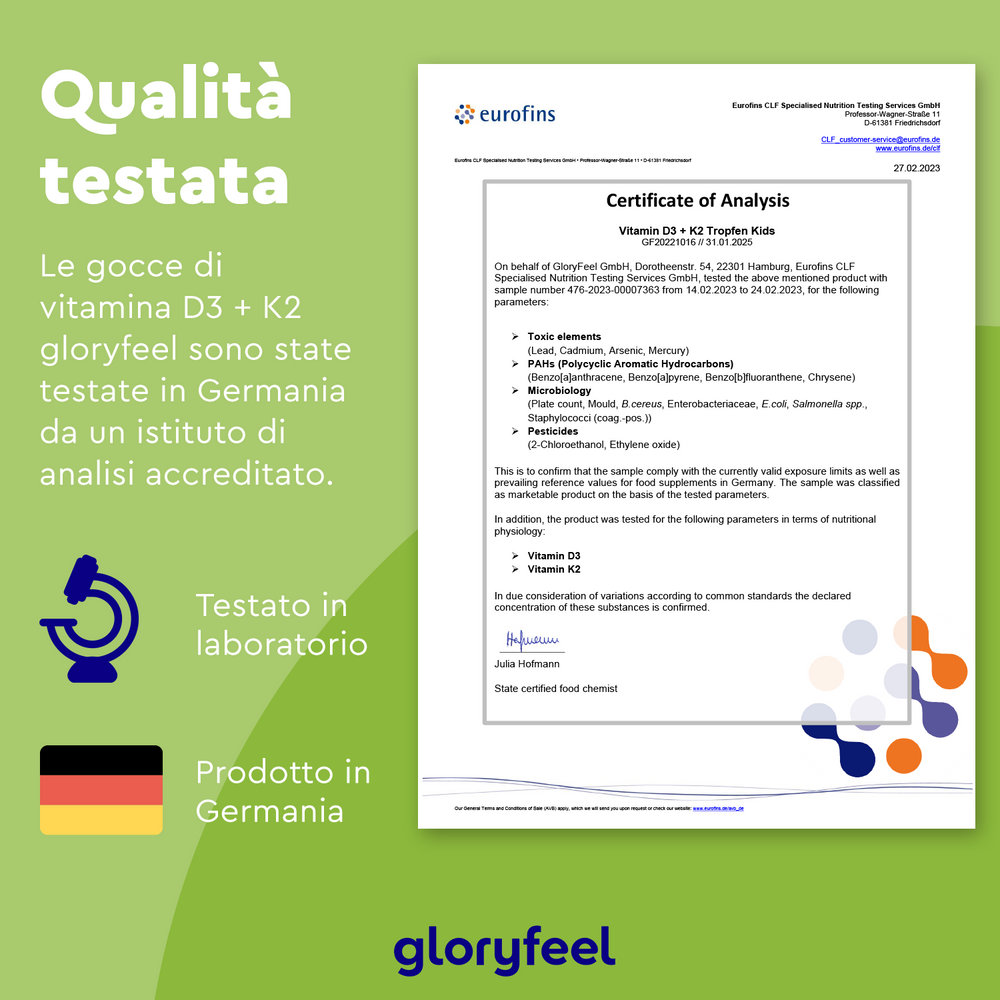 Certificato di analisi per Vitamina D3 K2 Gocce Kids su sfondo verde con testo in italiano sui test di qualità in Germania. Evidenzia i benefici per il sistema immunitario, con un&