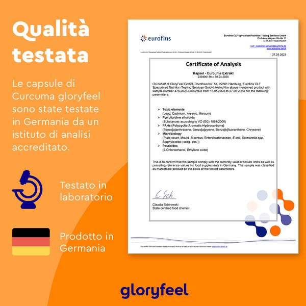Il Certificato di analisi di Eurofins per Estratto di Curcuma sottolinea i test in Germania, con un&