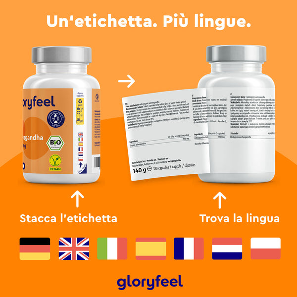 Due flaconi di integratori Bio Ashwagandha di GloryFeel GmbH Italy presentano etichette multilingue, evidenziando i benefici degli adattogeni come Ashwagandha. Un&