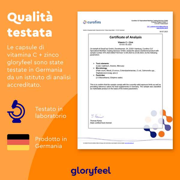 Certificato di analisi per Vitamina C e zinco 180 capsule di GloryFeel GmbH Italia, testato in Germania da un istituto accreditato, include risultati di laboratorio e simboli del prodotto tedeschi.