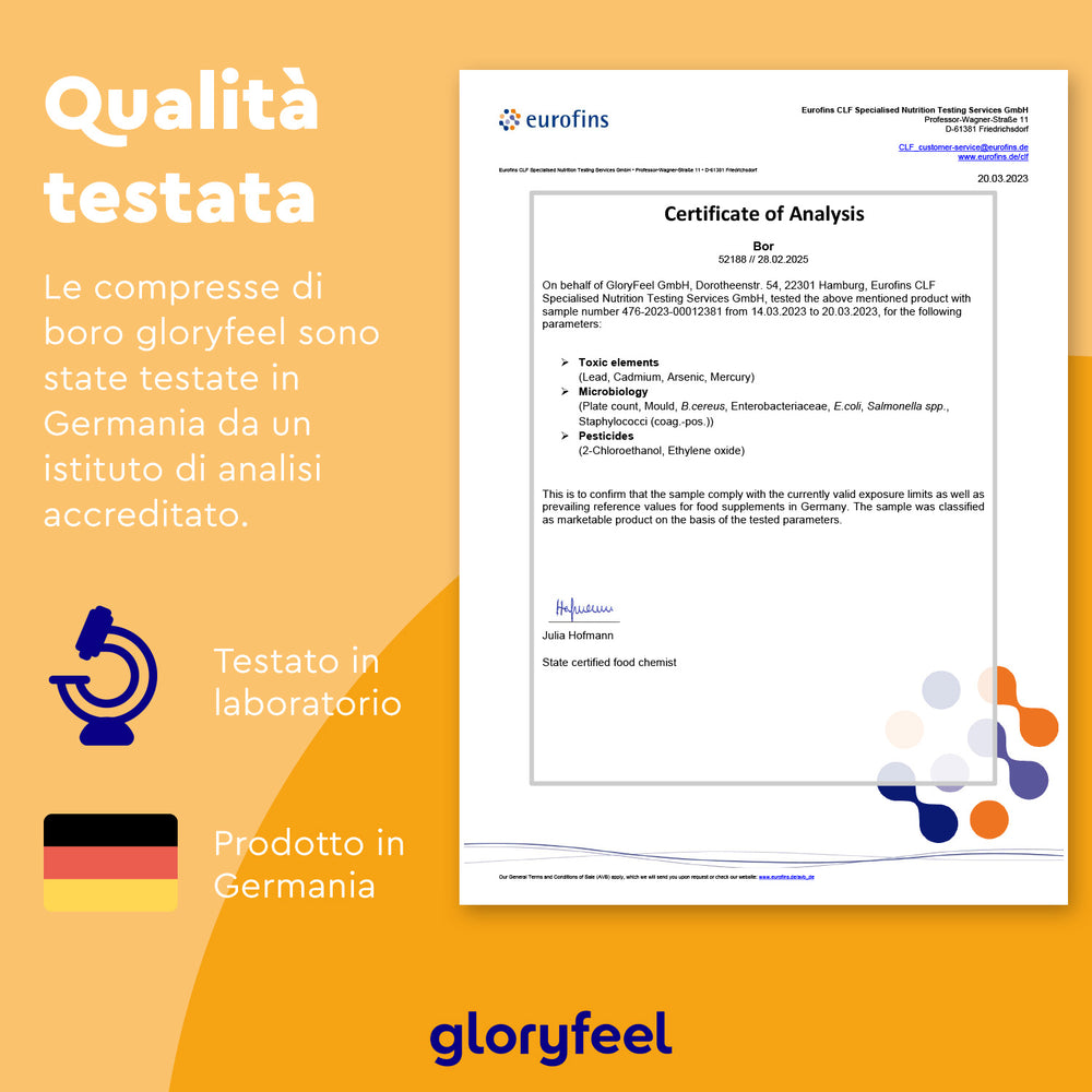 Certificato di analisi per compresse Boro di GloryFeel GmbH Italia, un integratore vegetariano. Punti salienti: testato in un laboratorio tedesco, istituto accreditato. Include il logo Eurofins e la bandiera tedesca su sfondo arancione.