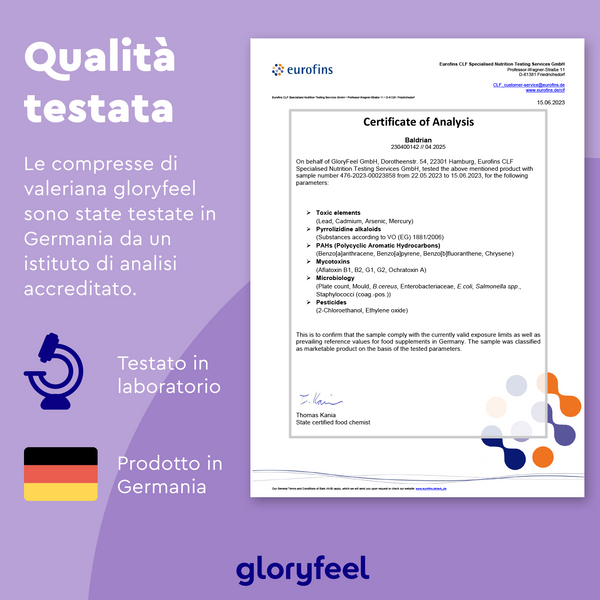 Certificato di analisi con testo in italiano attestante che le compresse di Valeriana di GloryFeel GmbH Italia sono state testate in laboratorio in Germania da un istituto accreditato e presentano il logo Eurofins e le icone di laboratorio.