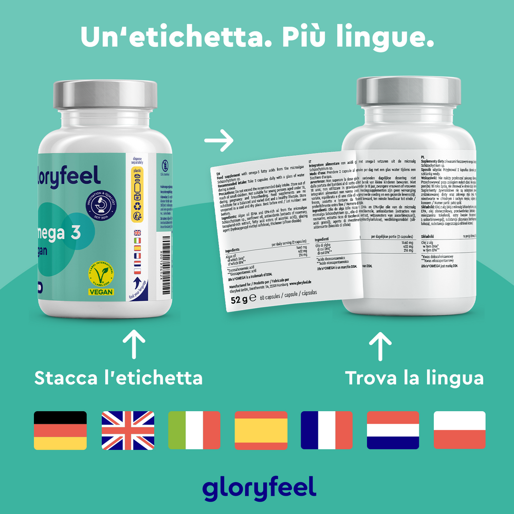 Due flaconi di integratori multilingue di gloryfeel Italia: quello a sinistra con etichetta nutrizionale e quello a destra con foglio informativo dettagliato. Le bandierine indicano le lingue. Ricchi di Omega 3 Vegan - Olio di alghe per ricchi benefici EPA e DHA.