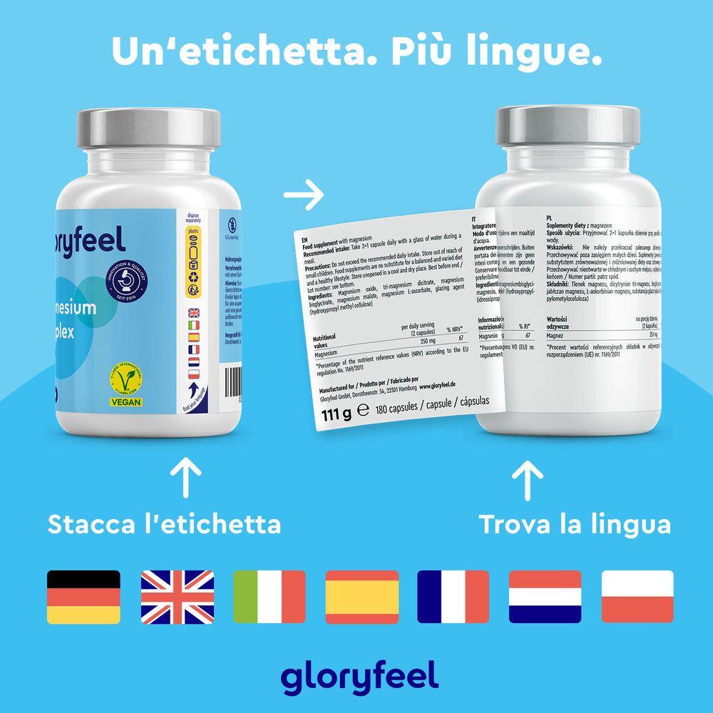 Due flaconi di integratori Magnesio Complex di gloryfeel Italia presentano etichette multilingue. La parte anteriore mostra il marchio, mentre la parte posteriore fornisce informazioni dettagliate sul prodotto con flag di lingua. L&