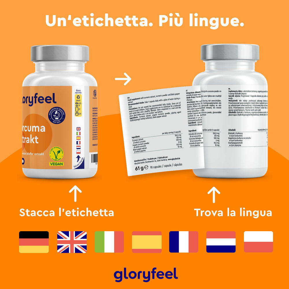 Uno sfondo arancione mostra due bottiglie di Estratto di Curcuma di GloryFeel GmbH Italia, con etichette in varie lingue. Sei bandiere (Regno Unito, Francia, Italia, Germania, Paesi Bassi, Spagna) evidenziano l&