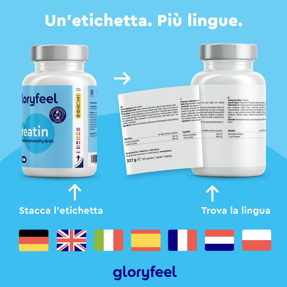 Due flaconi di creatina GloryFeel GmbH Italy in capsule con etichette rimovibili rivelano istruzioni in tedesco, inglese e francese. Questo integratore di qualità premium supporta le tue esigenze di allenamento.
