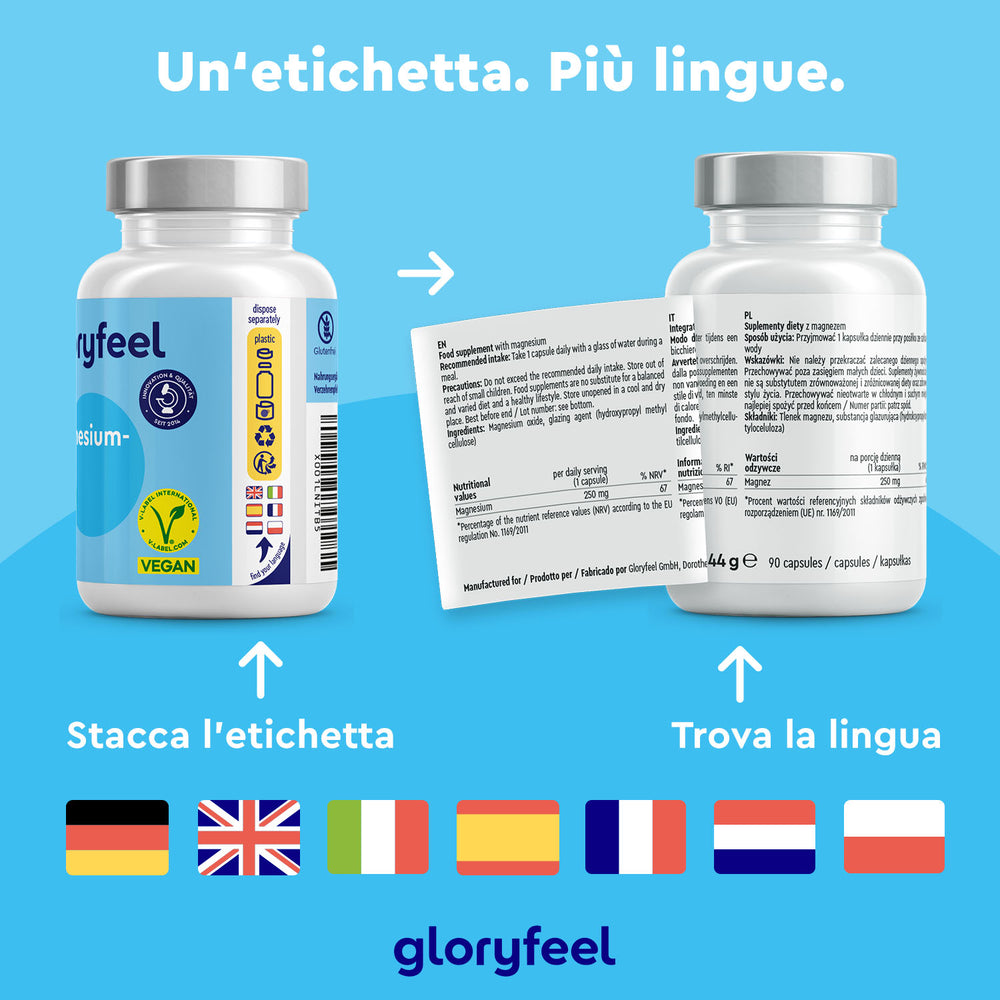 Due flaconi di integratori &quot;gloryfeel Italia&quot;, con etichette staccabili multilingue (tedesco, inglese, italiano, spagnolo, francese, olandese), sono mostrati su uno sfondo blu. Il prodotto &quot;Magnesio Ossido 90 capsule&quot; è un integratore alimentare ideale per gli amanti del benessere.