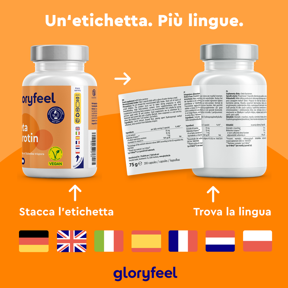 Due flaconi di integratori con sfondo arancione mostrano il Beta Carotene di GloryFeel GmbH Italy. Un flacone ha un&