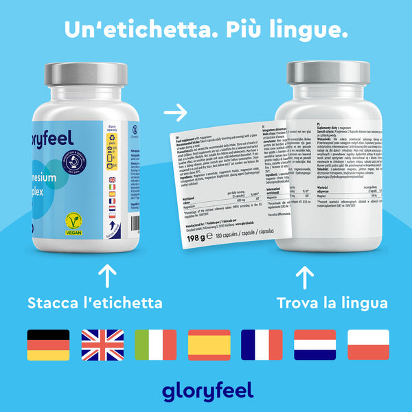 Due bottiglie di Magnesio Complex di gloryfeel Italia presentano un&