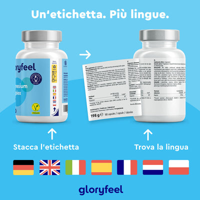 Due bottiglie di Magnesio Complex di gloryfeel Italia presentano un'etichetta multilingue con diverse bandiere. Una mostra il fronte; l'altra mostra l'etichetta sbucciata con testo in diverse lingue - non sono disponibili ulteriori dettagli sul prodotto.