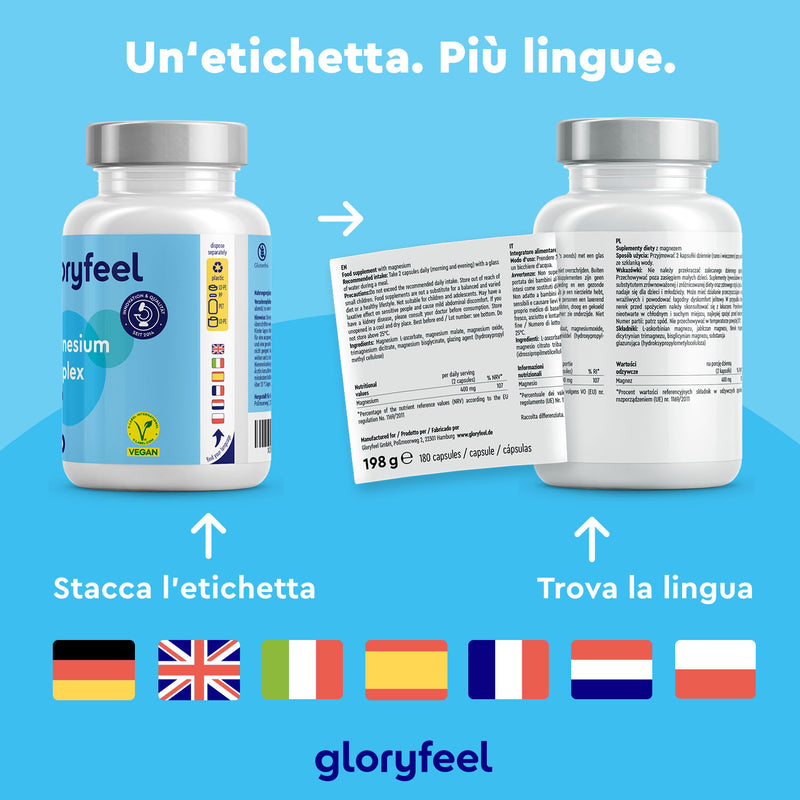 Due bottiglie di Magnesio Complex di gloryfeel Italia presentano un&