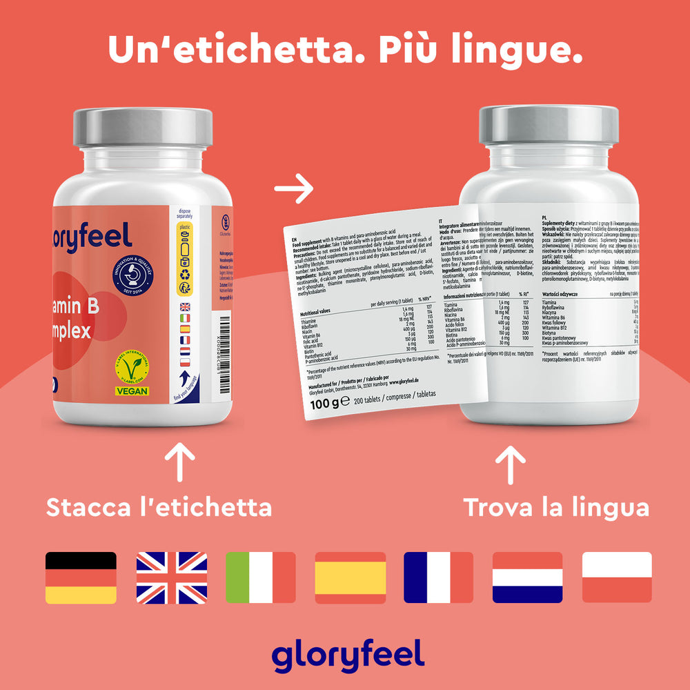 Le bottiglie di Vitamina B Complex di GloryFeel GmbH Italy presentano un&