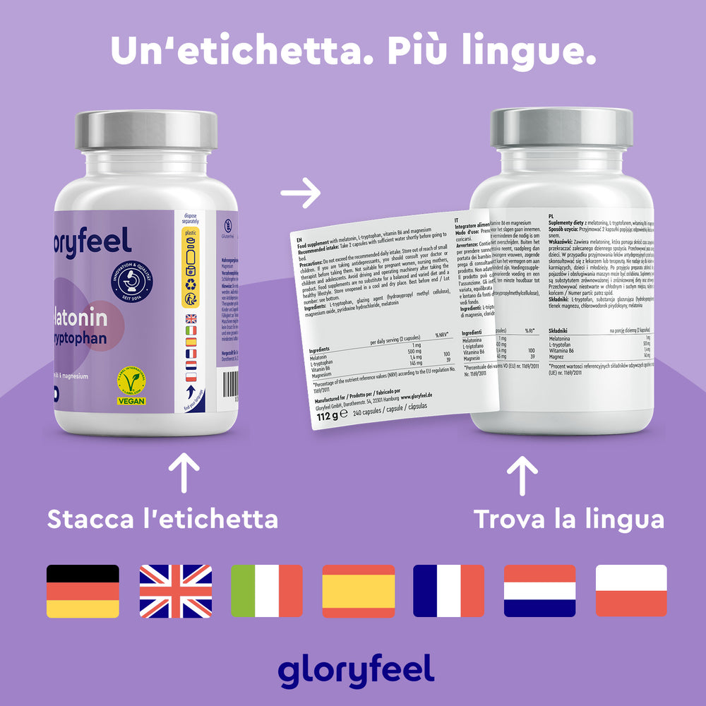 Due flaconi di integratori con etichette multilingue e bandierine che indicano le lingue supportate. Il testo recita: &quot;Un&