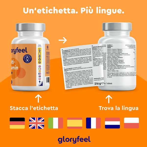 Due Multivitaminico in flaconi di capsule di GloryFeel GmbH Italia presentano etichette staccabili con istruzioni multilingue. Le bandiere di otto paesi su uno sfondo arancione mostrano le lingue disponibili, migliorando la comprensione di queste vitamine naturali.