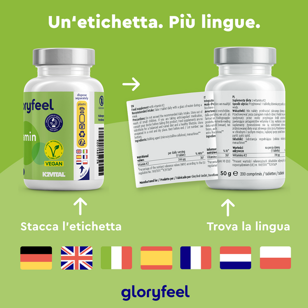 Due bottiglie di Vitamina K2 di gloryfeel Italia hanno etichette multilingue. Un&