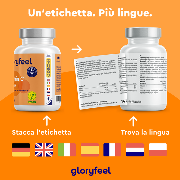 Due flaconi di integratori di vitamina C e zinco di GloryFeel GmbH Italy presentano etichette multilingue con bandiere del Regno Unito, francese, tedesca, italiana, spagnola e olandese. Un&