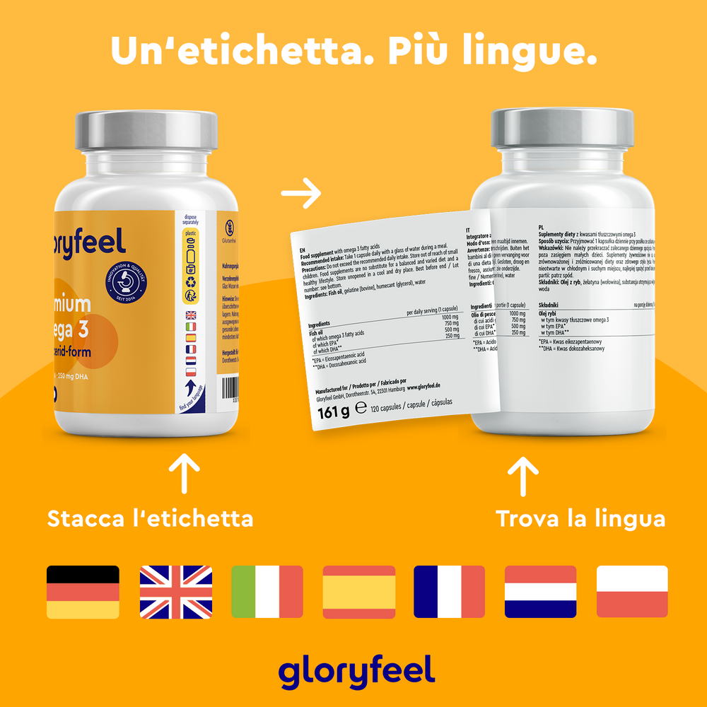 Sono presenti due flaconi di Omega 3 Premium in capsule di GloryFeel GmbH Italia. Il flacone anteriore mostra l&
