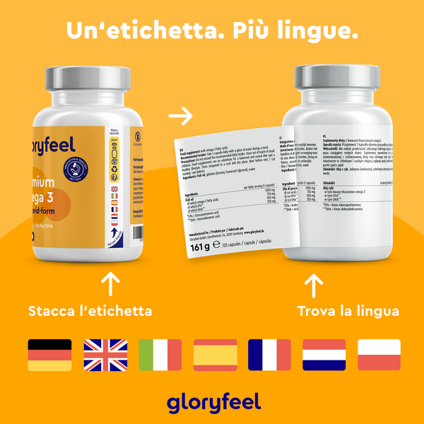 Sono presenti due flaconi di Omega 3 Premium in capsule di GloryFeel GmbH Italia. Il flacone anteriore mostra l&
