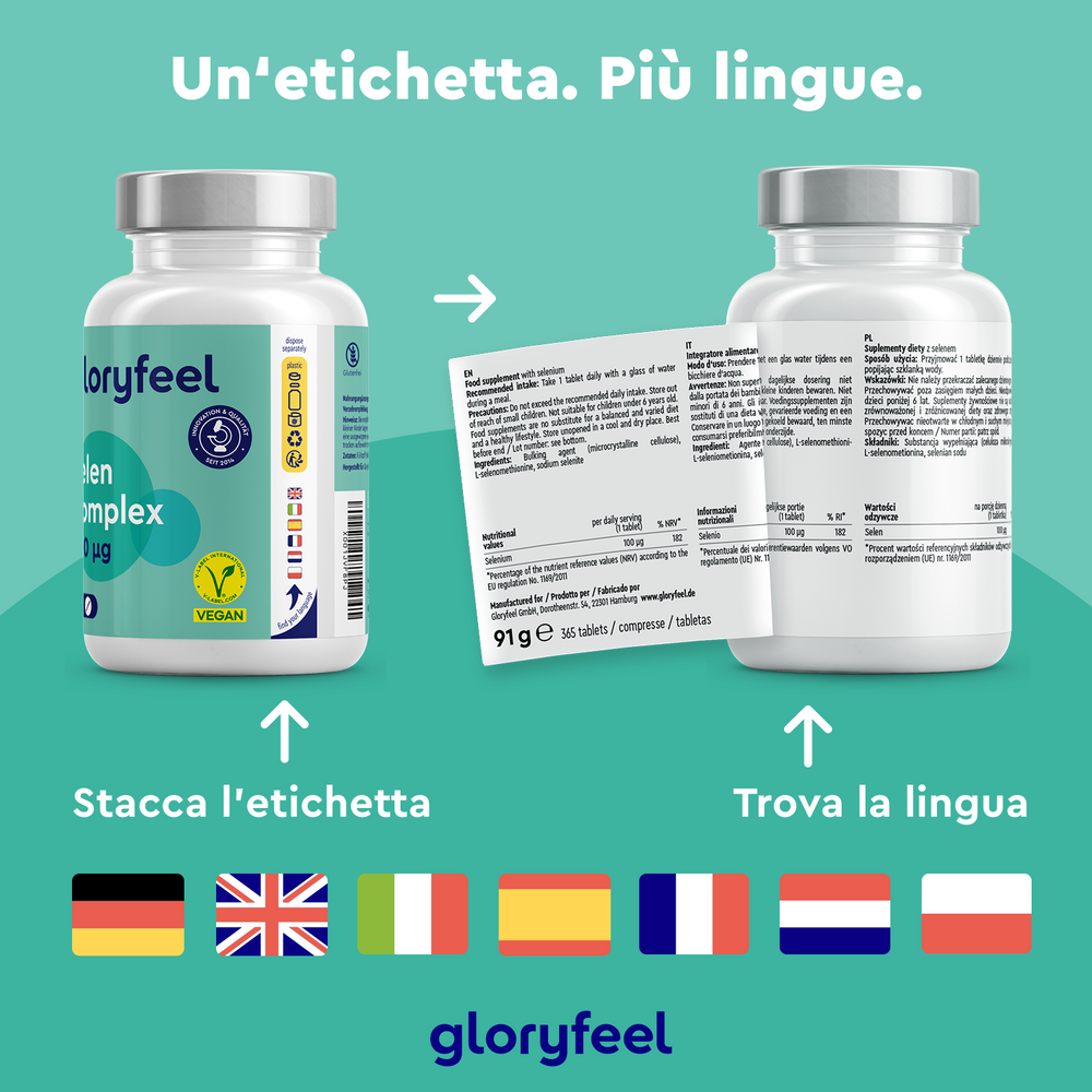 Due flaconi di Selenio Complex in compresse di GloryFeel GmbH Italy presentano etichette multilingue. Il flacone di sinistra mostra la parte anteriore, mentre quello di destra mostra un&