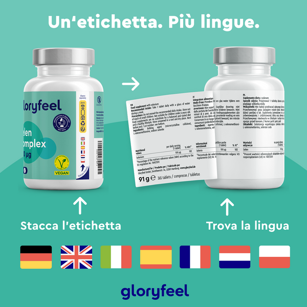 Due flaconi di Selenio Complex in compresse di GloryFeel GmbH Italy presentano etichette multilingue. Il flacone di sinistra mostra la parte anteriore, mentre quello di destra mostra un&