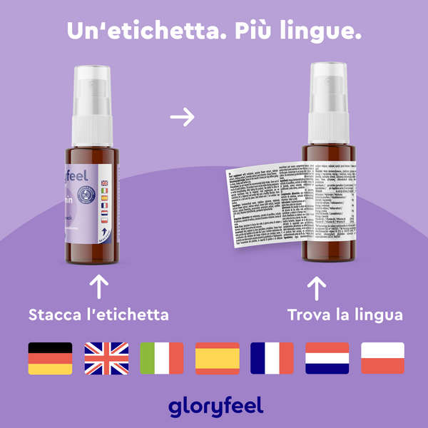 Due flaconi &quot;Melatonina spray con aroma di miele&quot; di GloryFeel GmbH Italia, con etichette multilingue con informazioni sulla vitamina B9, hanno istruzioni per la pelatura e la lettura. Sotto sono esposte le bandiere di Germania, Regno Unito, Italia, Spagna, Francia e Paesi Bassi.