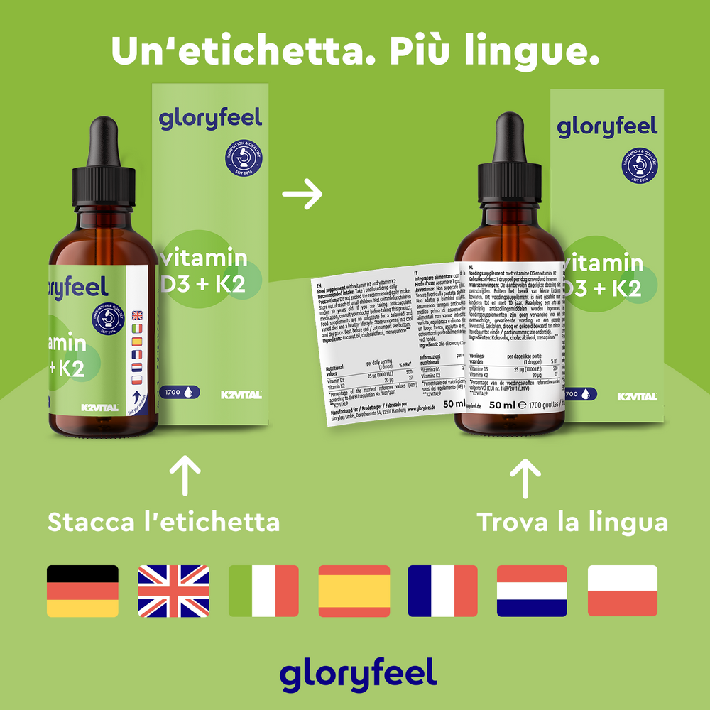 Vitamina D3 K2 Gocce di gloryfeel Italia presenta un&