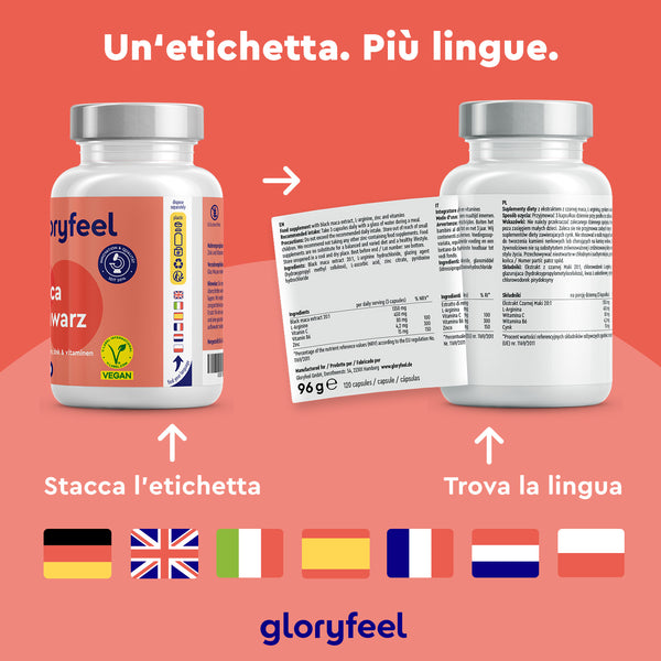 Due flaconi di integratori Maca Nera Peruviana di GloryFeel GmbH Italy presentano etichette multilingue, a dimostrazione dell&