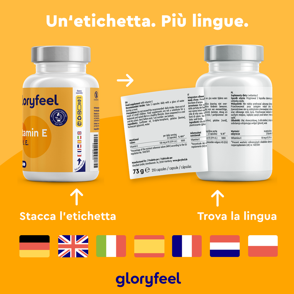 Due flaconi di Vitamina E in capsule softgel di gloryfeel Italia hanno etichette multilingue. Un&