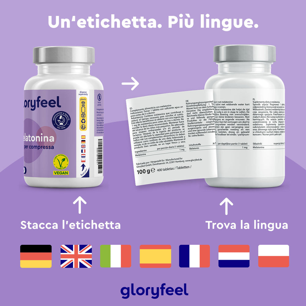 Due flaconi di &quot;Melatonina in compresse&quot; di GloryFeel GmbH Italia presentano una confezione multilingue con le bandiere di Germania, Regno Unito, Francia, Italia, Spagna, Polonia e Paesi Bassi. Istruzioni chiare indicano come staccare l&