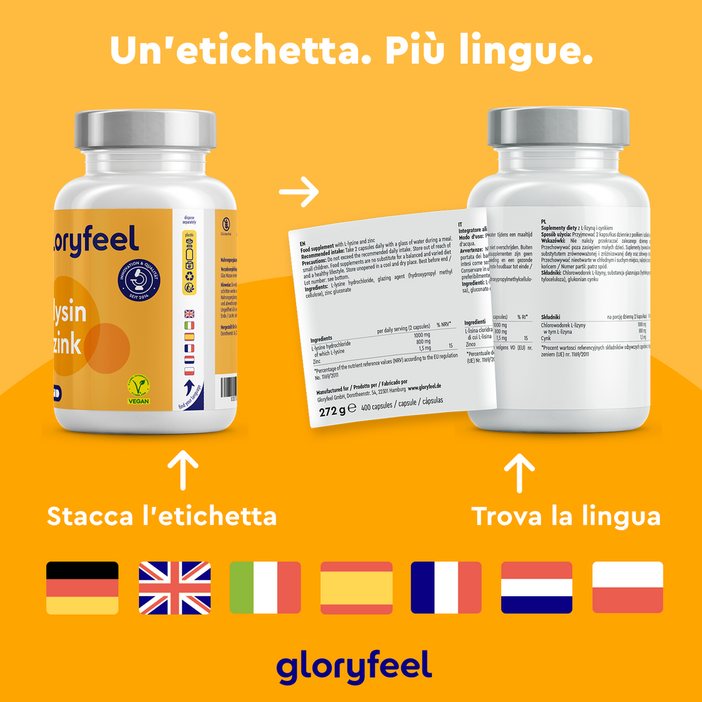 Due flaconi di integratori GloryFeel GmbH Italy, denominati L-Lisina + zinco, hanno istruzioni multilingue sotto etichette rimovibili. Le bandiere dei paesi indicano le lingue disponibili e il testo italiano spiega come rimuovere l&