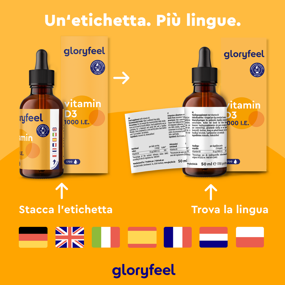Due flaconi di &quot;Vitamina D3 in Gocce&quot; di gloryfeel Italia hanno etichette staccabili in più lingue, seguendo le linee guida del Ministero della Salute. Le icone delle bandiere mostrano le opzioni di lingua per supportare la tua dieta equilibrata.