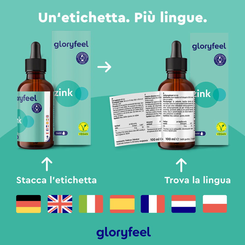 Illustrazione di due bottiglie Zinco in gocce di GloryFeel GmbH Italy. A sinistra è mostrata l&