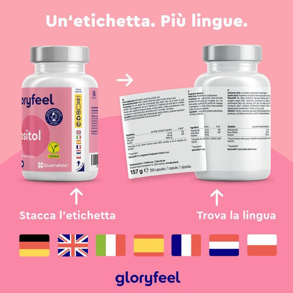 Due bottiglie di Inositolo di gloryfeel Italia su sfondo rosa: una mostra l&