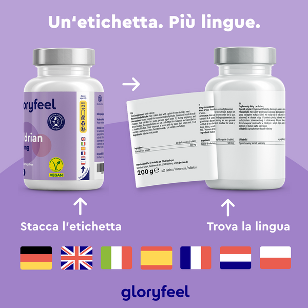Due flaconi di integratori di Valeriana di GloryFeel GmbH Italia con etichette viola. Uno mostra il marchio frontale; l&