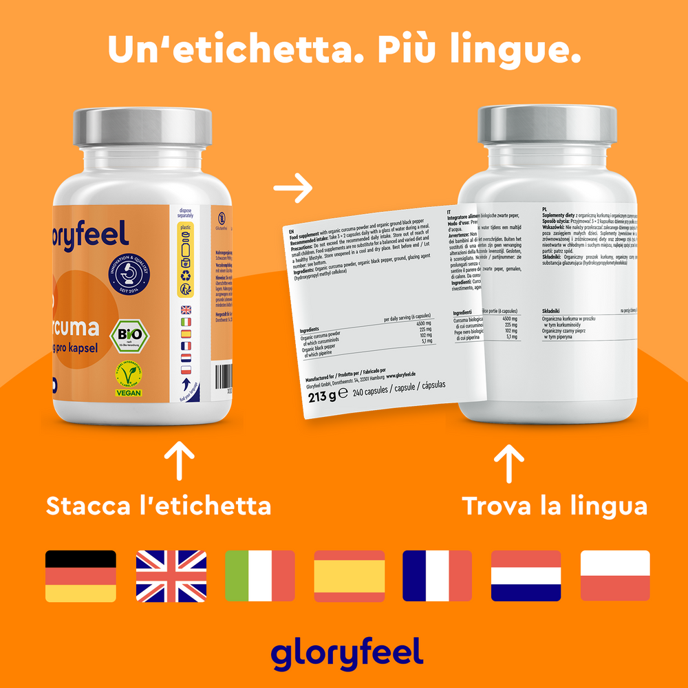 Due bottiglie di Bio Curcuma di GloryFeel GmbH Italia con etichette multilingue. Quella di sinistra sottolinea &quot;capsule organiche di curcuma&quot;, mentre quella di destra fornisce istruzioni dettagliate per l&