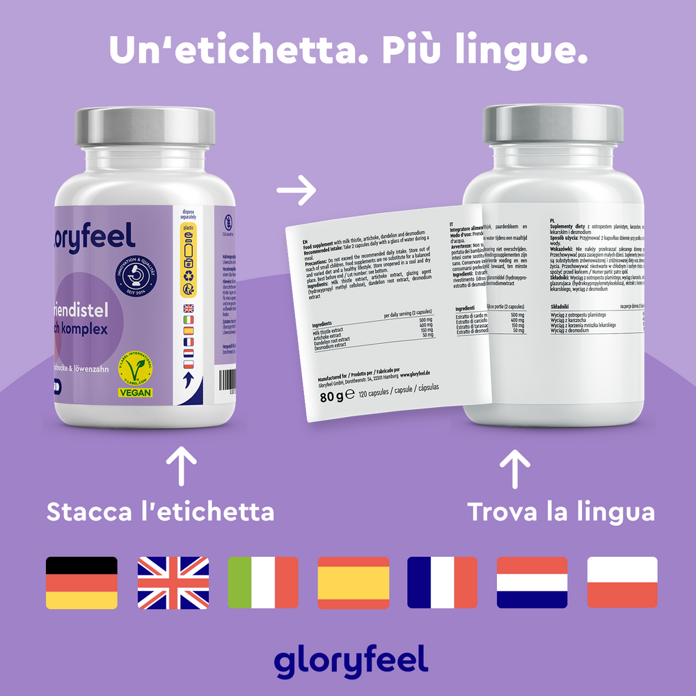 Cardo Mariano di GloryFeel GmbH Italia presenta due flaconi di integratori con etichette staccabili multilingue, che forniscono istruzioni in più lingue. Le bandiere di Germania, Regno Unito, Italia, Francia, Spagna, Paesi Bassi e Polonia evidenziano la versatilità internazionale del prodotto.