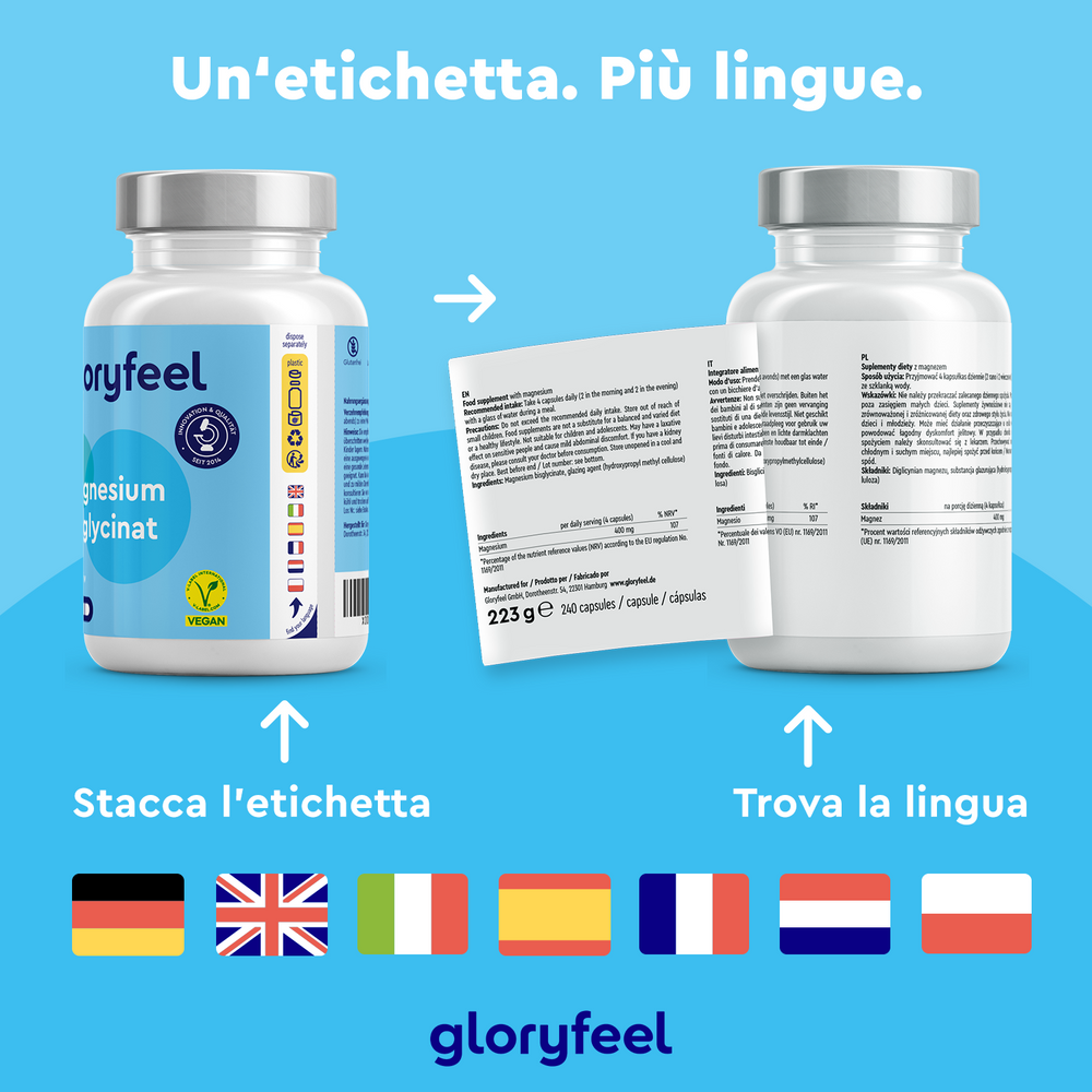 Due bottiglie di &quot;Bisglicinato di magnesio&quot; di gloryfeel Italia sono appoggiate su uno sfondo blu. Una bottiglia ha un&
