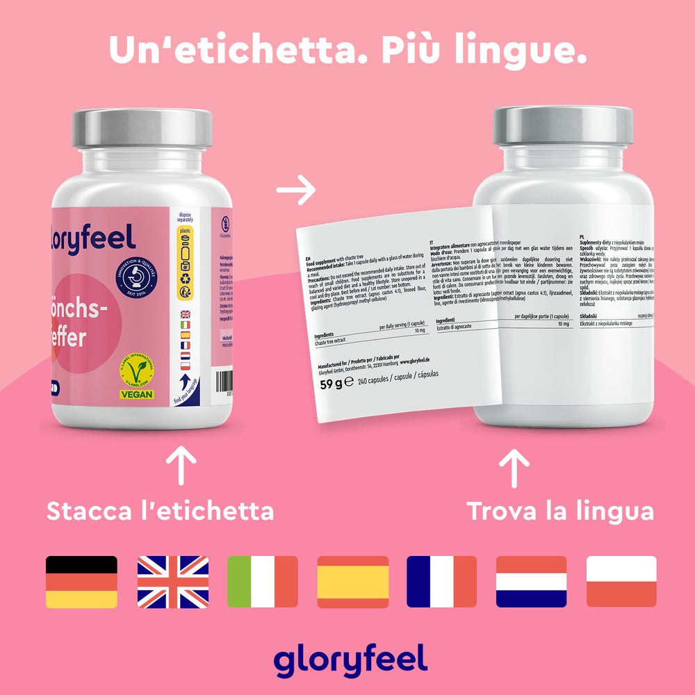 Due flaconi di integratori Agnocasto di GloryFeel GmbH Italy sono posizionati su uno sfondo rosa; uno mostra un&