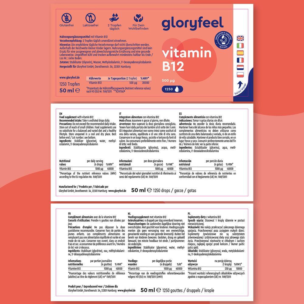 Vitamina B12 Gocce di GloryFeel GmbH Italy è disponibile in una confezione arancione e blu brillante con informazioni e istruzioni multilingue sul prodotto. Essenziale per supportare i processi vitali, questa formula ricca di cobalamina ti assicura di ricevere i nutrienti di cui hai bisogno.