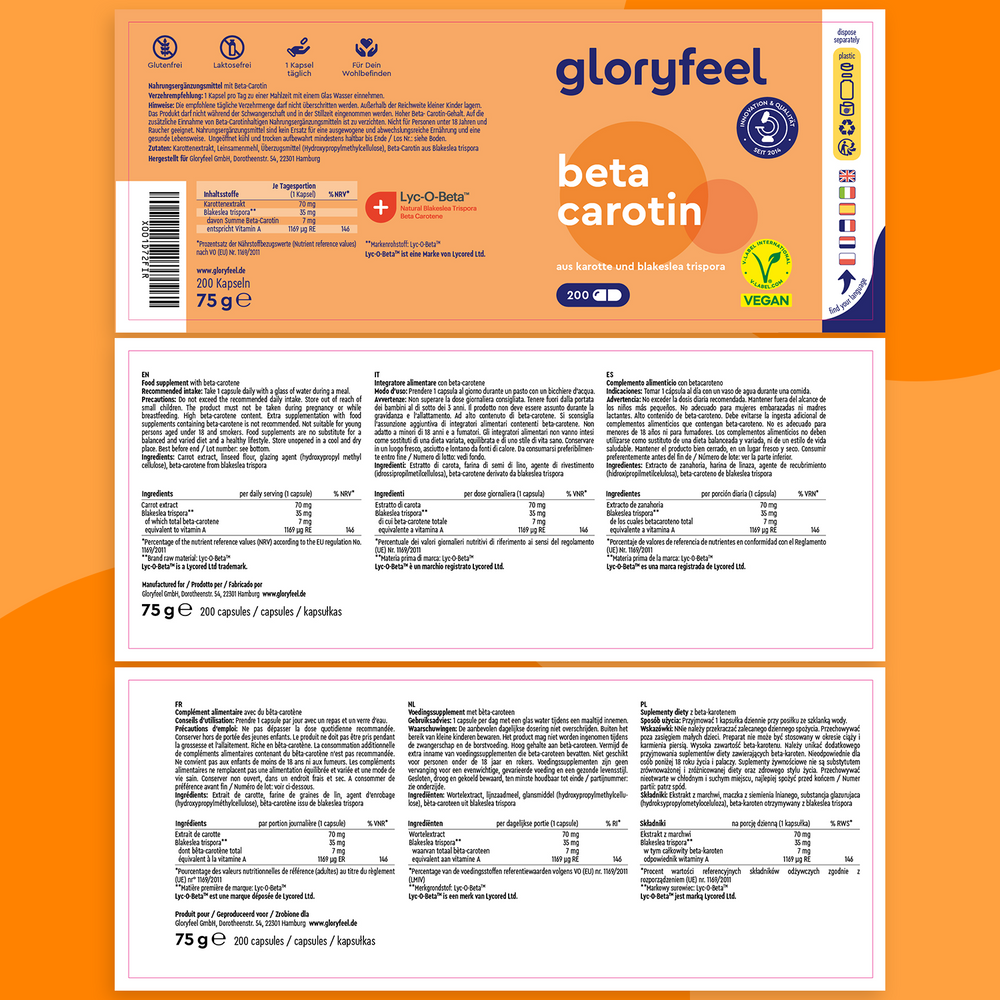 Esplora il Beta Carotene di GloryFeel GmbH Italy, elegantemente confezionato in arancione e bianco con icone e testo. Offre informazioni nutrizionali dettagliate e un&