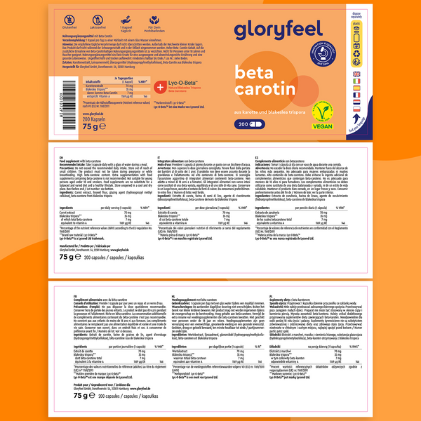 Esplora il Beta Carotene di GloryFeel GmbH Italy, elegantemente confezionato in arancione e bianco con icone e testo. Offre informazioni nutrizionali dettagliate e un&