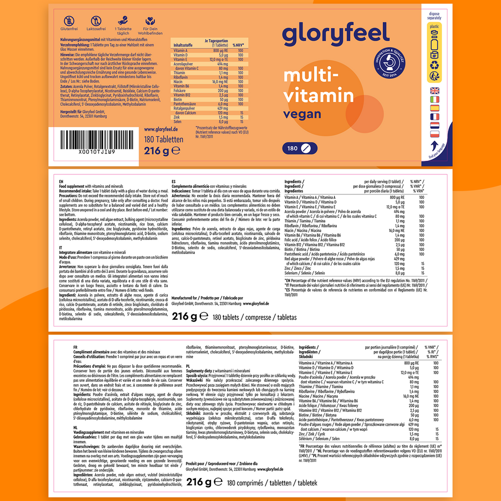 Il Multivitaminico in capsule di GloryFeel GmbH Italy presenta un accattivante design arancione e bianco con informazioni nutrizionali in più lingue. Contiene vitamine naturali per supportare il sistema immunitario, con 180 compresse per un peso totale di 216 g.