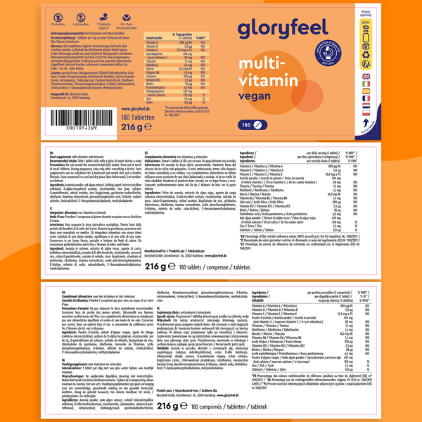 Il Multivitaminico in capsule di GloryFeel GmbH Italy presenta un accattivante design arancione e bianco con informazioni nutrizionali in più lingue. Contiene vitamine naturali per supportare il sistema immunitario, con 180 compresse per un peso totale di 216 g.
