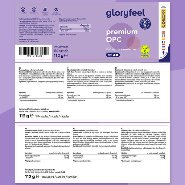 La confezione da 180 capsule OPC Premium di GloryFeel GmbH Italy, dal peso di 112 g, presenta informazioni nutrizionali e sugli integratori su uno sfondo viola certificato vegano ed è arricchita con estratto di semi d&
